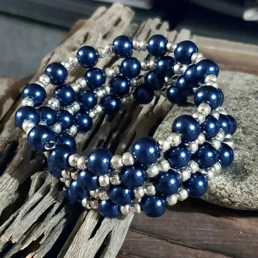 Hand Crafted Dark Blue Glass Pearl Silver Beads Wrap Bracelet